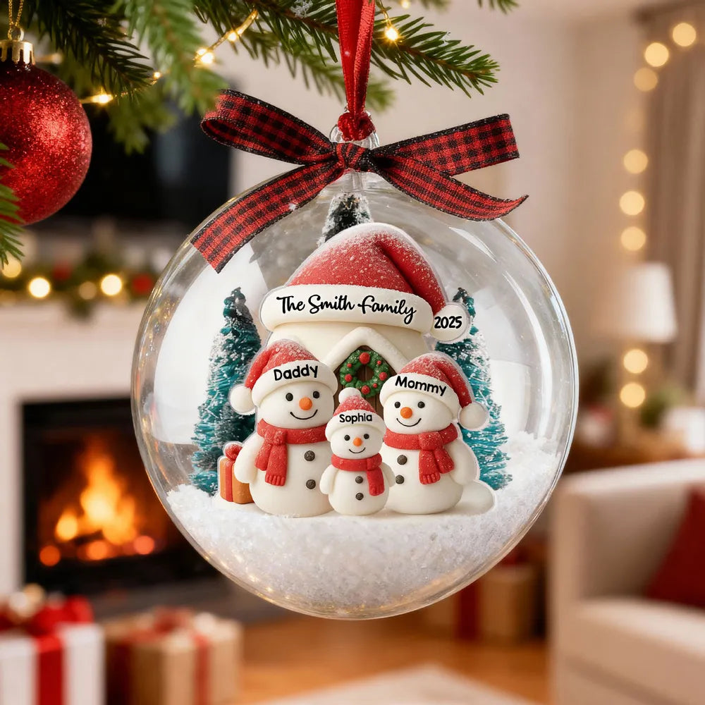 Snowman Family Ball Ornament - Snow Globe Look, Cozy Snow House - A unique Christmas gift for Parents & Family