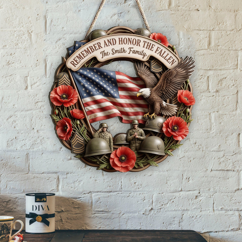 Honor The Fallen - Personalized Memorial Day Shaped Wood Sign With Sash