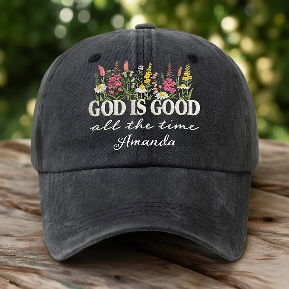 Washed Denim Baseball Cap with God Is Good All the Time Message - Personalized Vintage Look Cap, Meaningful Gift for Her