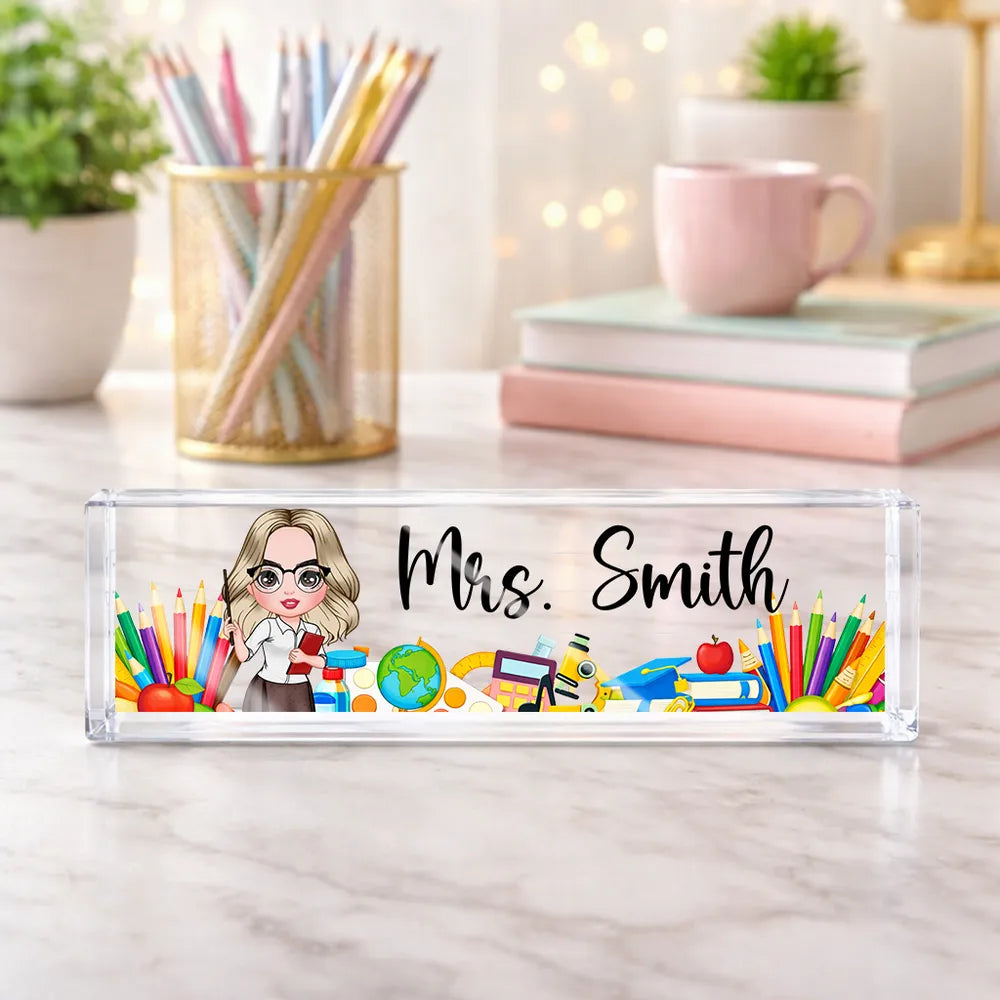 Rectangle Acrylic Block Plaque Personalized for a Teacher, Cute Classroom Desk Decor with Pencils and Books, Thoughtful Gift