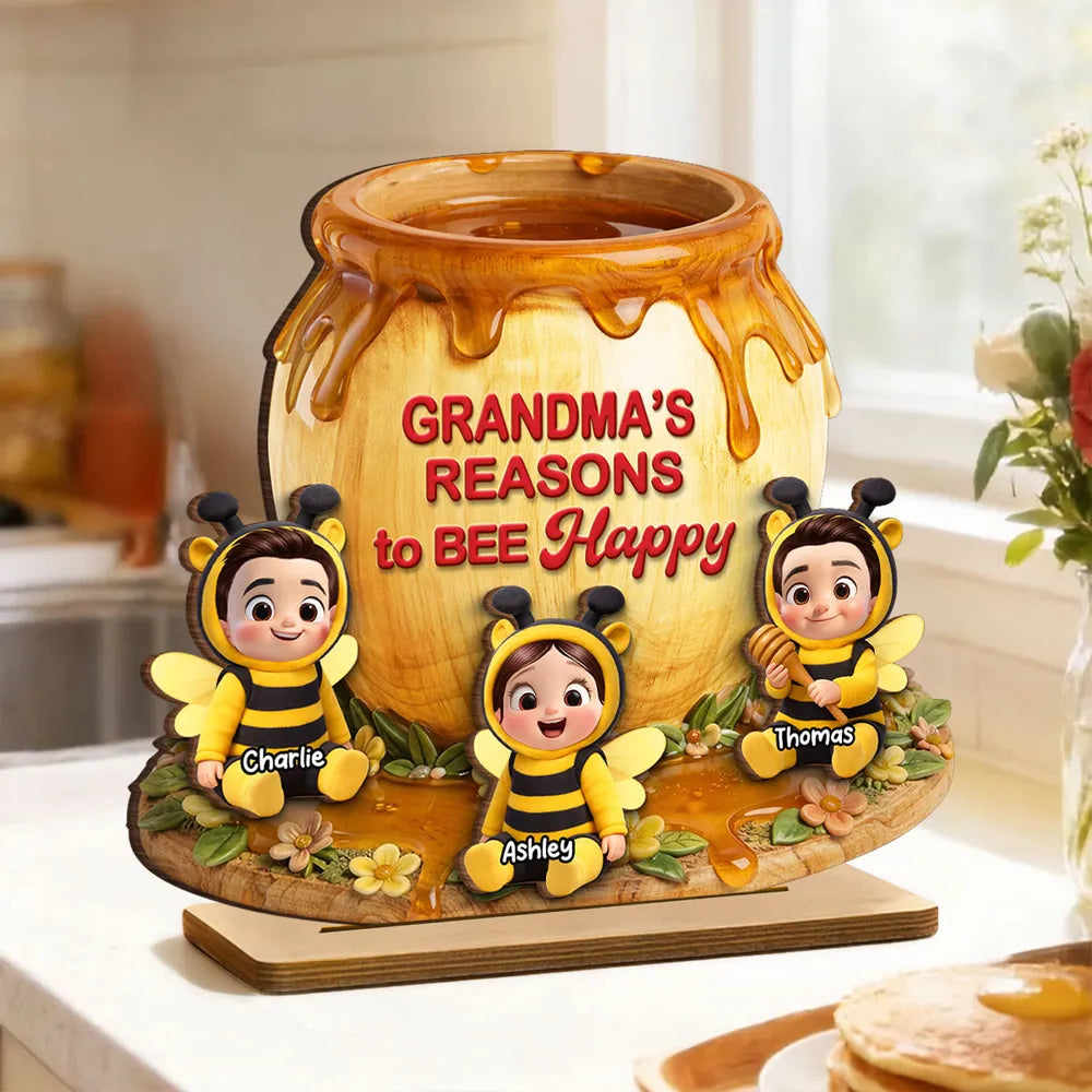 Personalized 2-Layer Wooden Plaque Nana's Reasons to Bee Happy Cute Grandkids Gift for Mom or Grandma Sweet Home Display