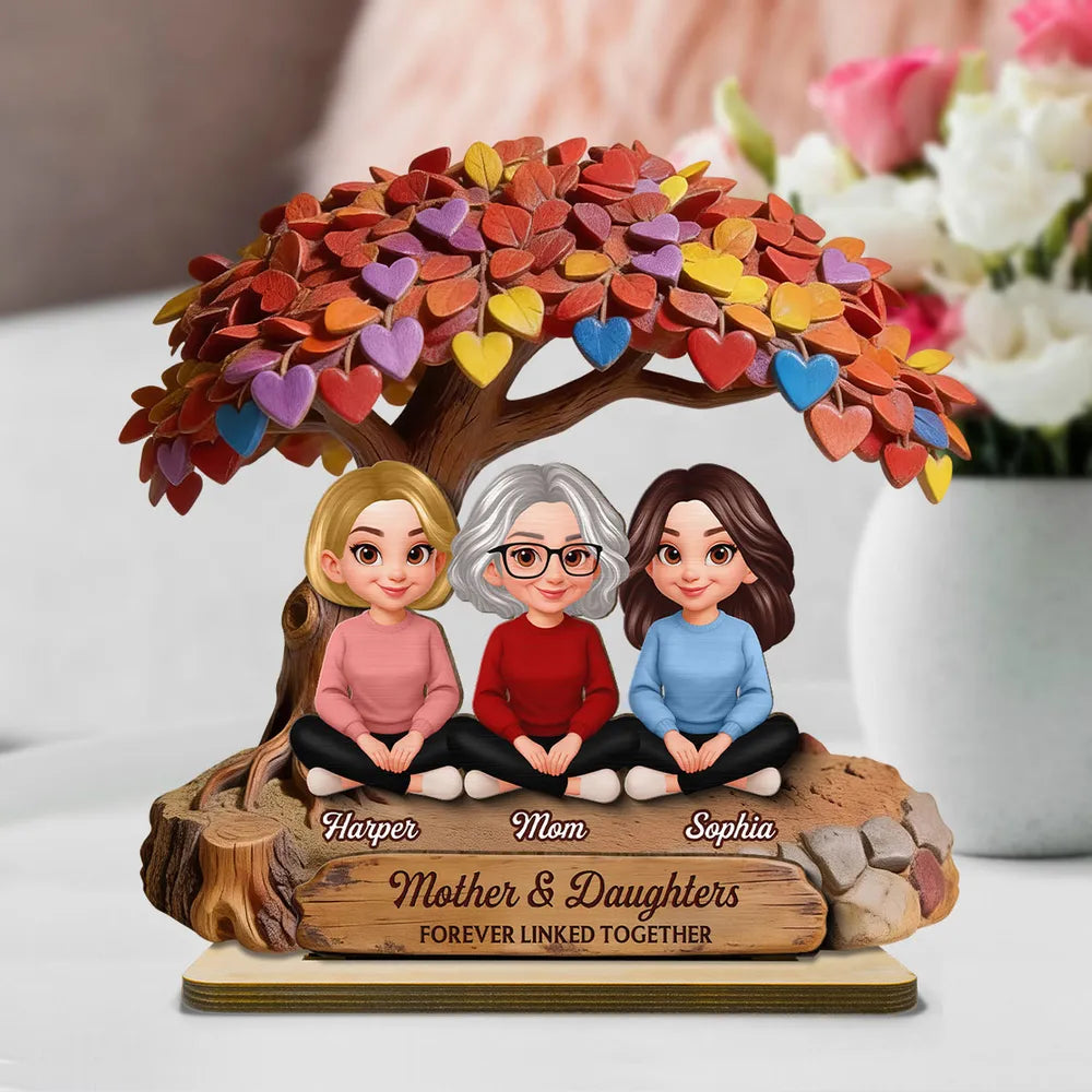 Personalized 2-Layer Wooden Plaque with Mom and Daughters Under Colorful Heart Tree - Unique Gift for Mom, Sweet Family Keepsake