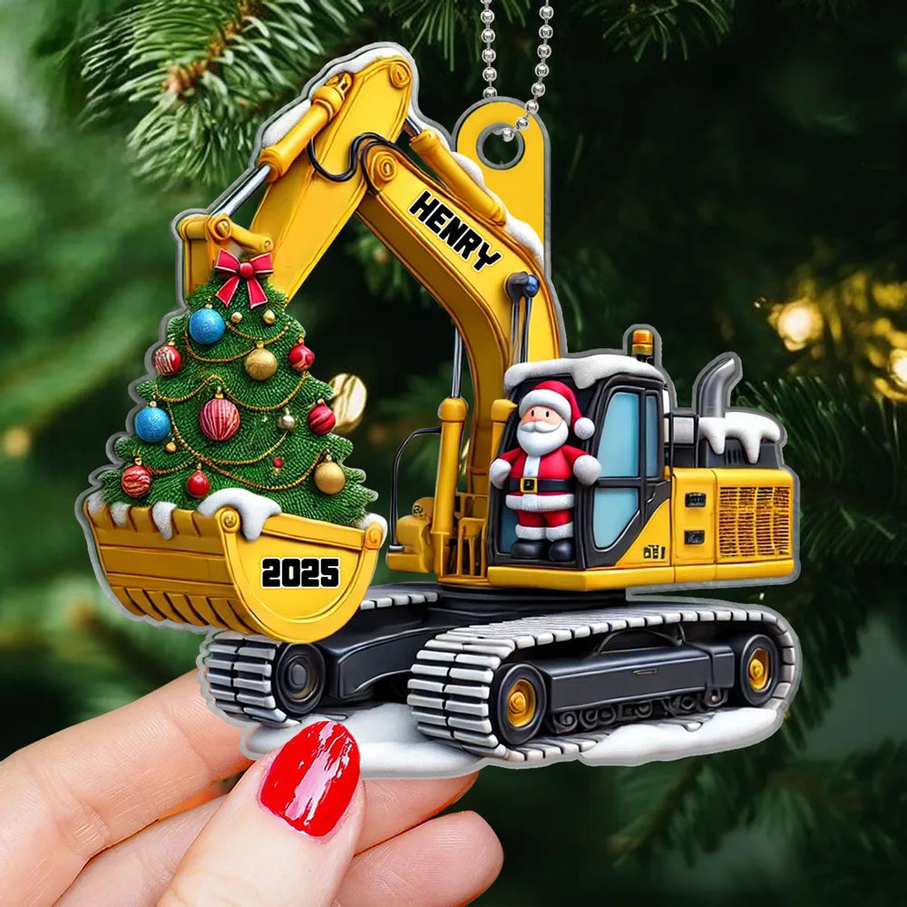 Custom Construction Truck Car Hanger with Christmas Tree and Santa – Gift for Kids or Grandson