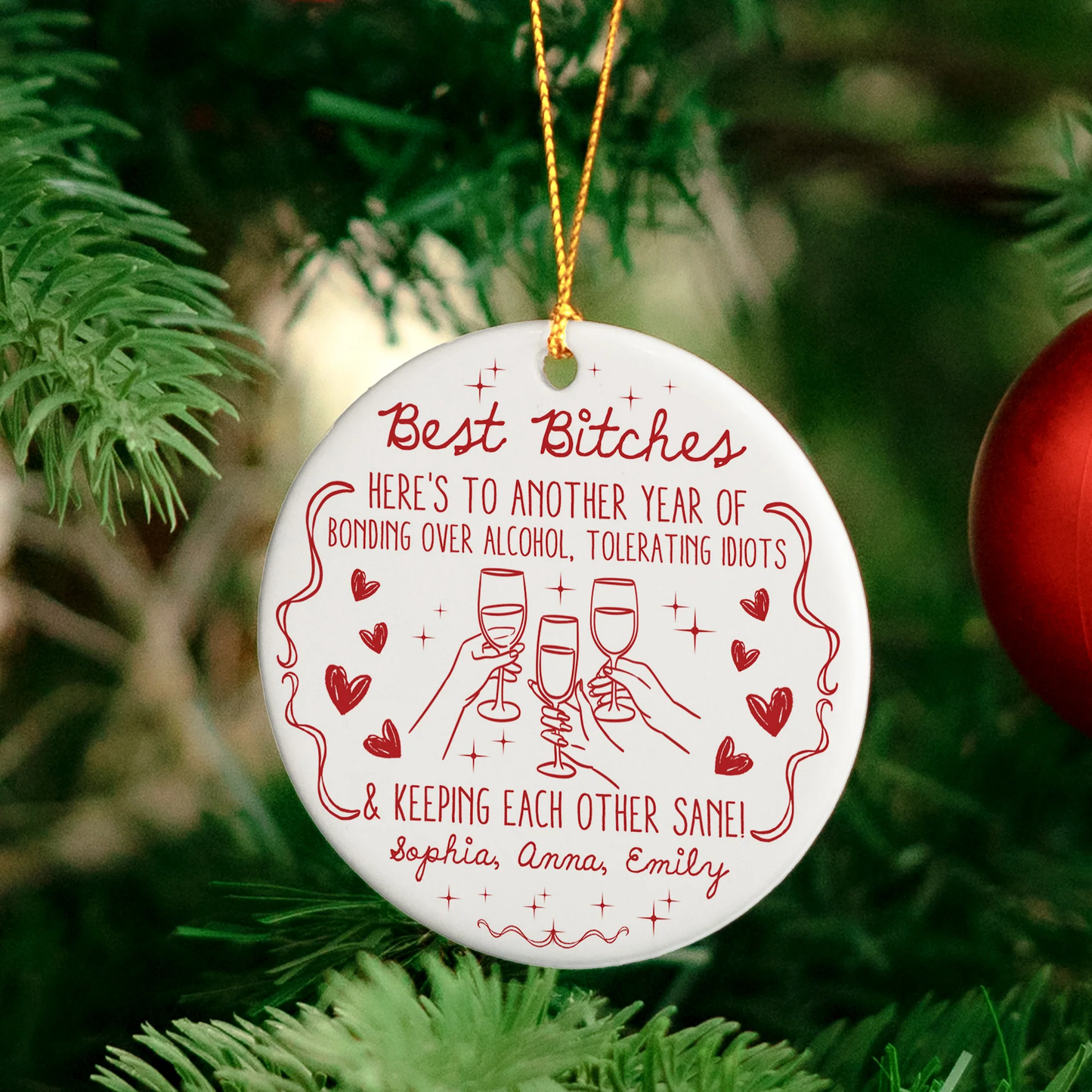 Ceramic Ornament Funny BFF Cheers Line Art in Red, Christmas Tree Decor, clinking glasses, unique gift for Best Friends