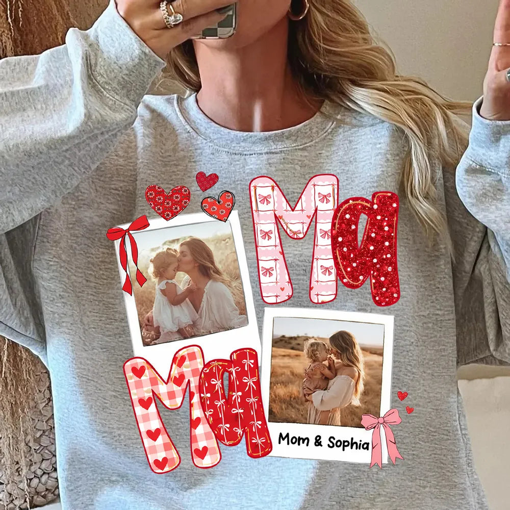 Custom Mama Classic Tee with Mom and Child Hugging Photos Red Valentine Style Hearts A Heartwarming Unique Gift