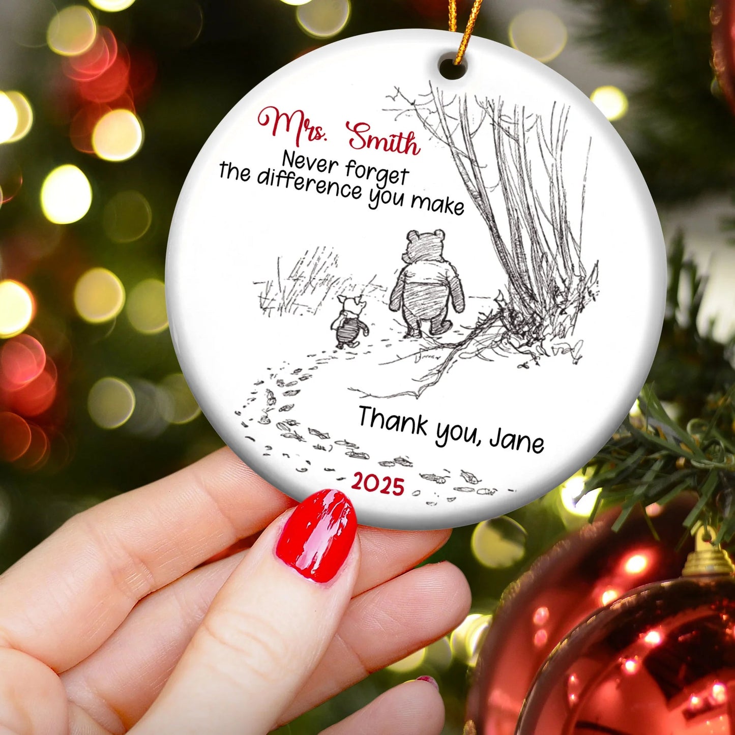 Custom Ceramic Ornament with Cute Walking Bear Illustration – Heartfelt Never Forget the Difference You Make Message – Sentimental Unique Gift for Someone Special