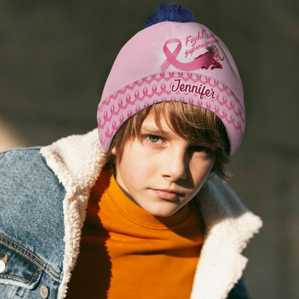 Fight Like a Superwoman, Breast Cancer Awareness - Personalized Breast Cancer Awareness Beanie Hat
