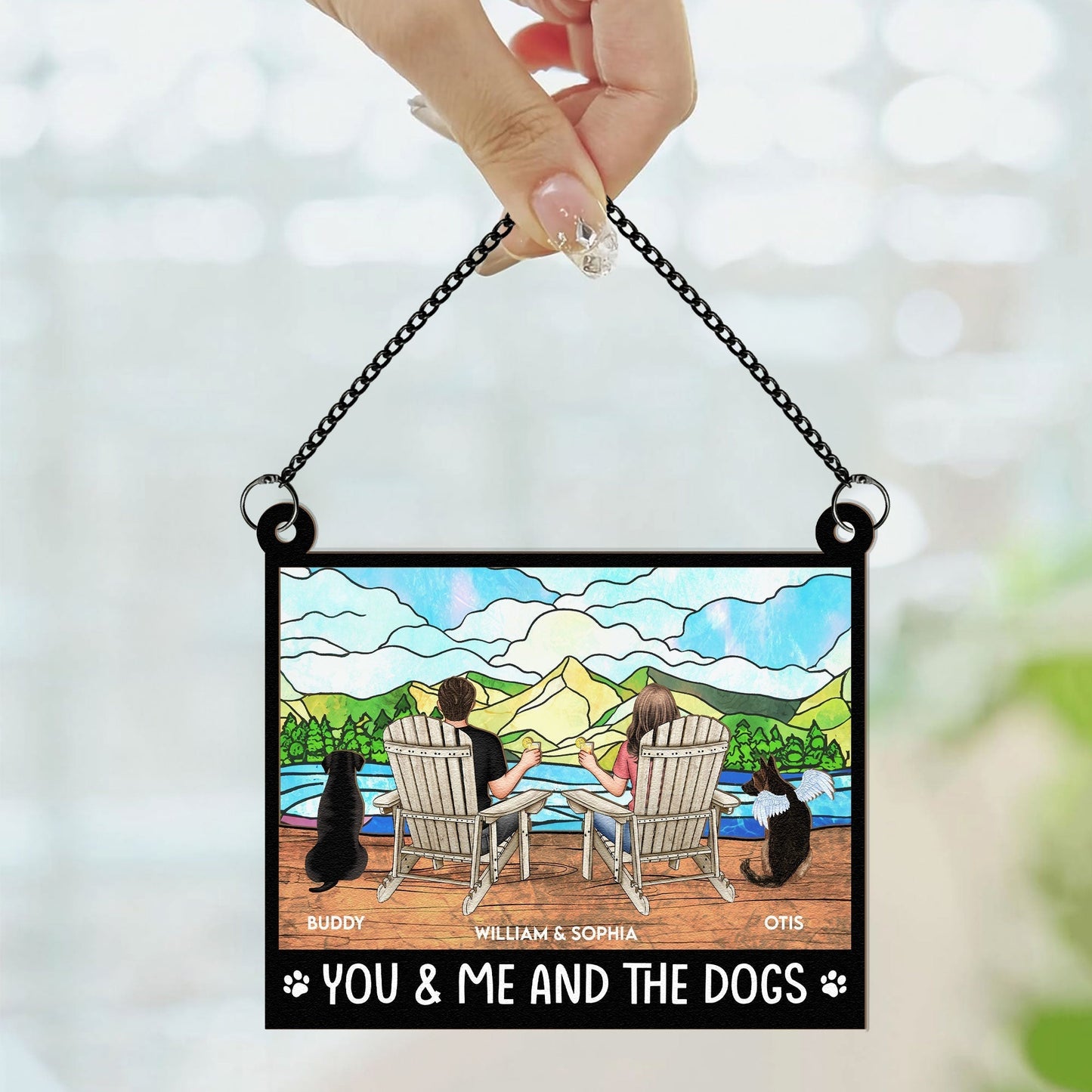 You & Me and the Dogs Mountain Sunset Wood and Acrylic Ornament – Personalized Gift for Couples and Dog Lovers