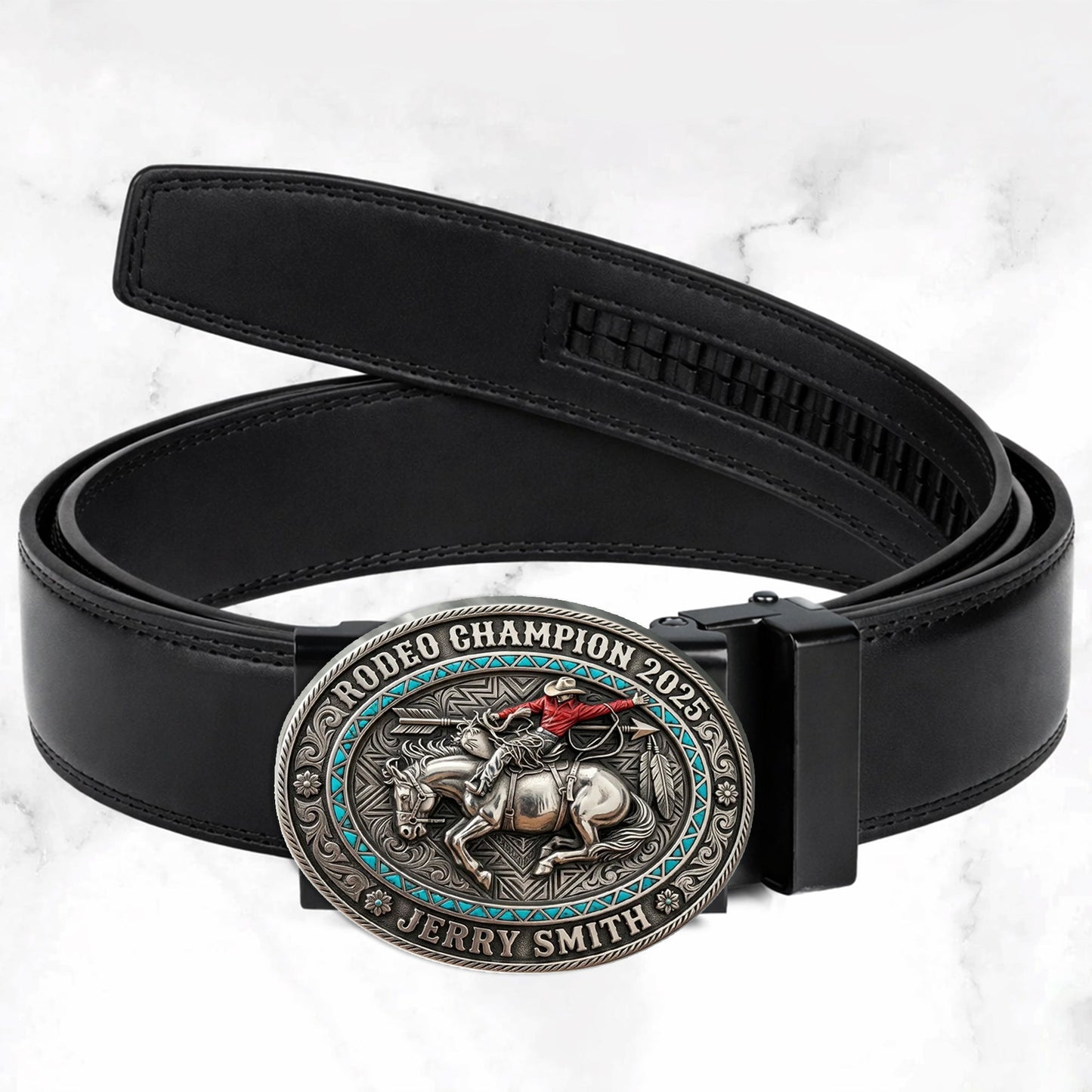 Custom From Any Photo, Rodeo Gift, Bull Riding - Personalized Western Outfit Leather Belt With Shaped Buckle
