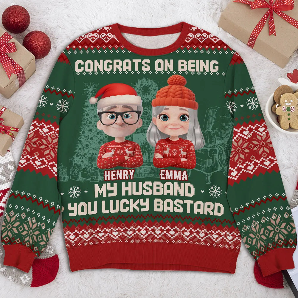 Custom Cartoon Couple Printed Sweatshirt for Husband – Playful Christmas-Inspired Design, One-of-a-Kind Romantic Gift