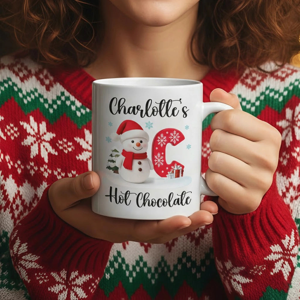 Custom Snowman Initial White Ceramic Mug for Hot Chocolate & Morning Coffee – Festive Personalized Christmas Gift, Fun and Cute Winter Present