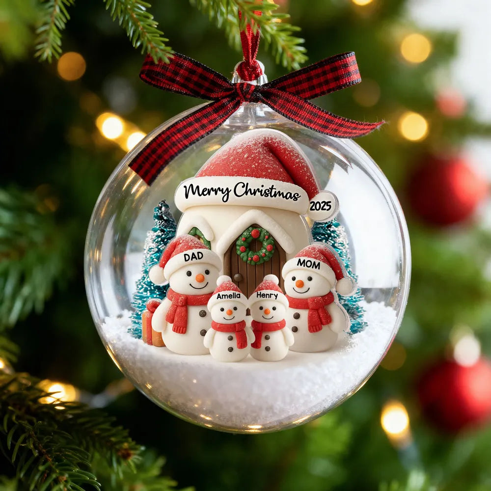 Snowman Family Ball Ornament - Snow Globe Look, Cozy Snow House - A unique Christmas gift for Parents & Family
