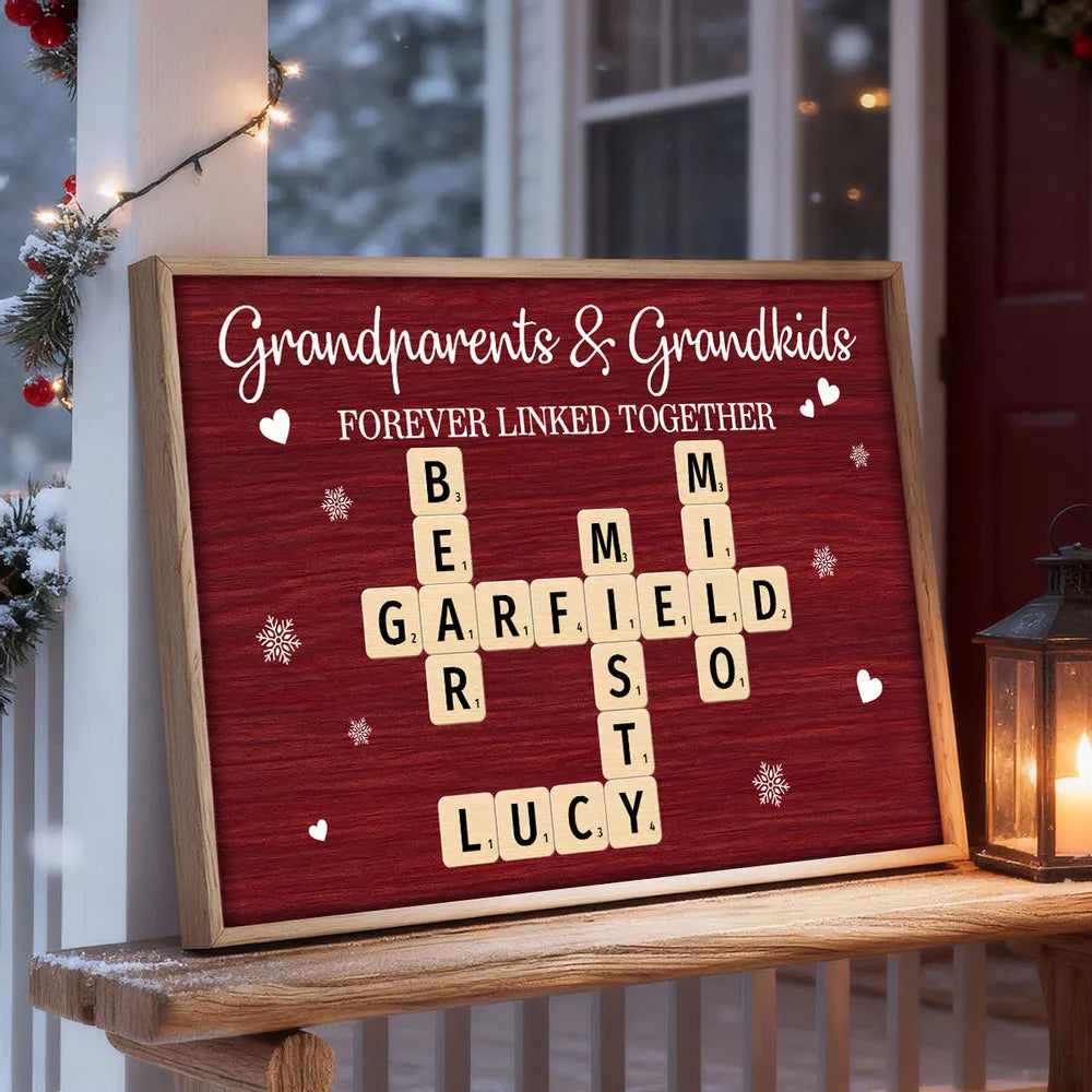 Personalized Grandparents & Grandkids Poster, Crossword Wall Art Keepsake, Cozy Red Decor, Unique Gift for Christmas or Birthdays