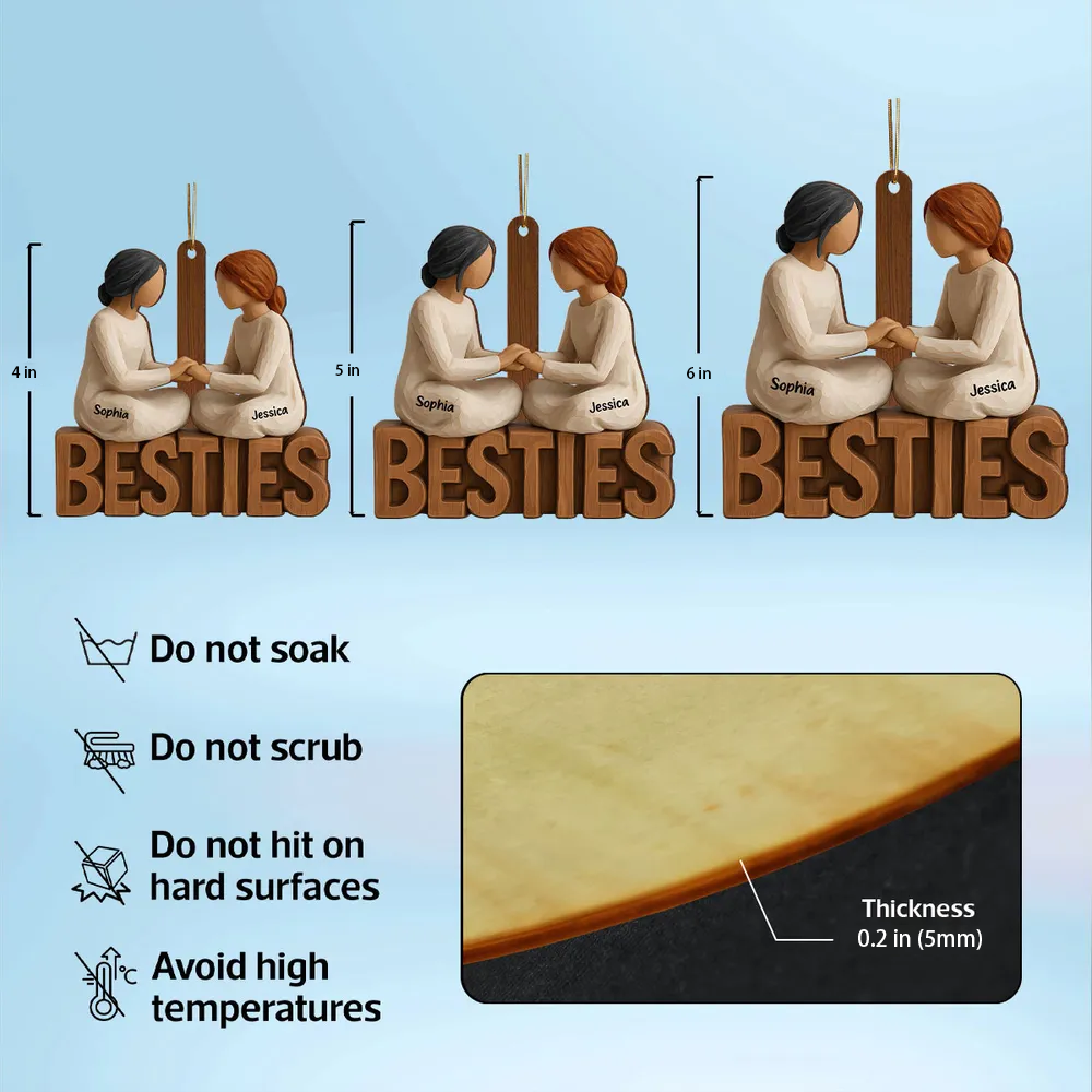 Wooden Ornament Besties Hand-in-Hand, Minimalist Carved Wood Design, Unique Gift for Best Friend, Ready to Hang