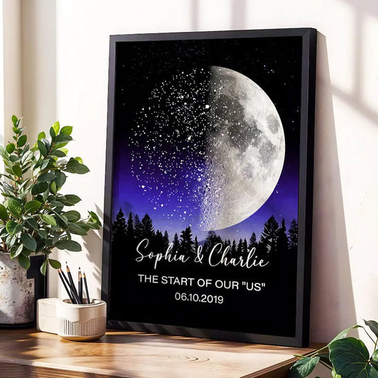 Personalized Moon Phase Star Map Poster for a Couple, Night Sky Wall Art, Unique Romantic Gift for Anniversary or Wedding