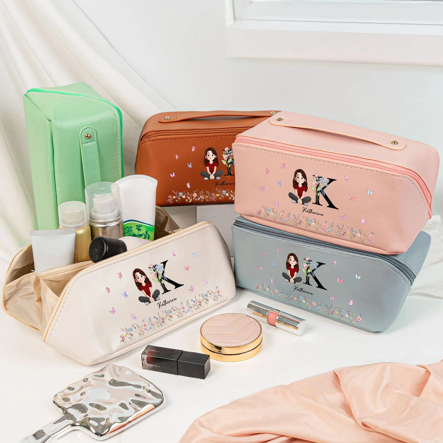 Personalized Leather Makeup Bag with Initial & Cartoon Girl, Spacious Travel Makeup Organizer, Cute Unique Gift for Her