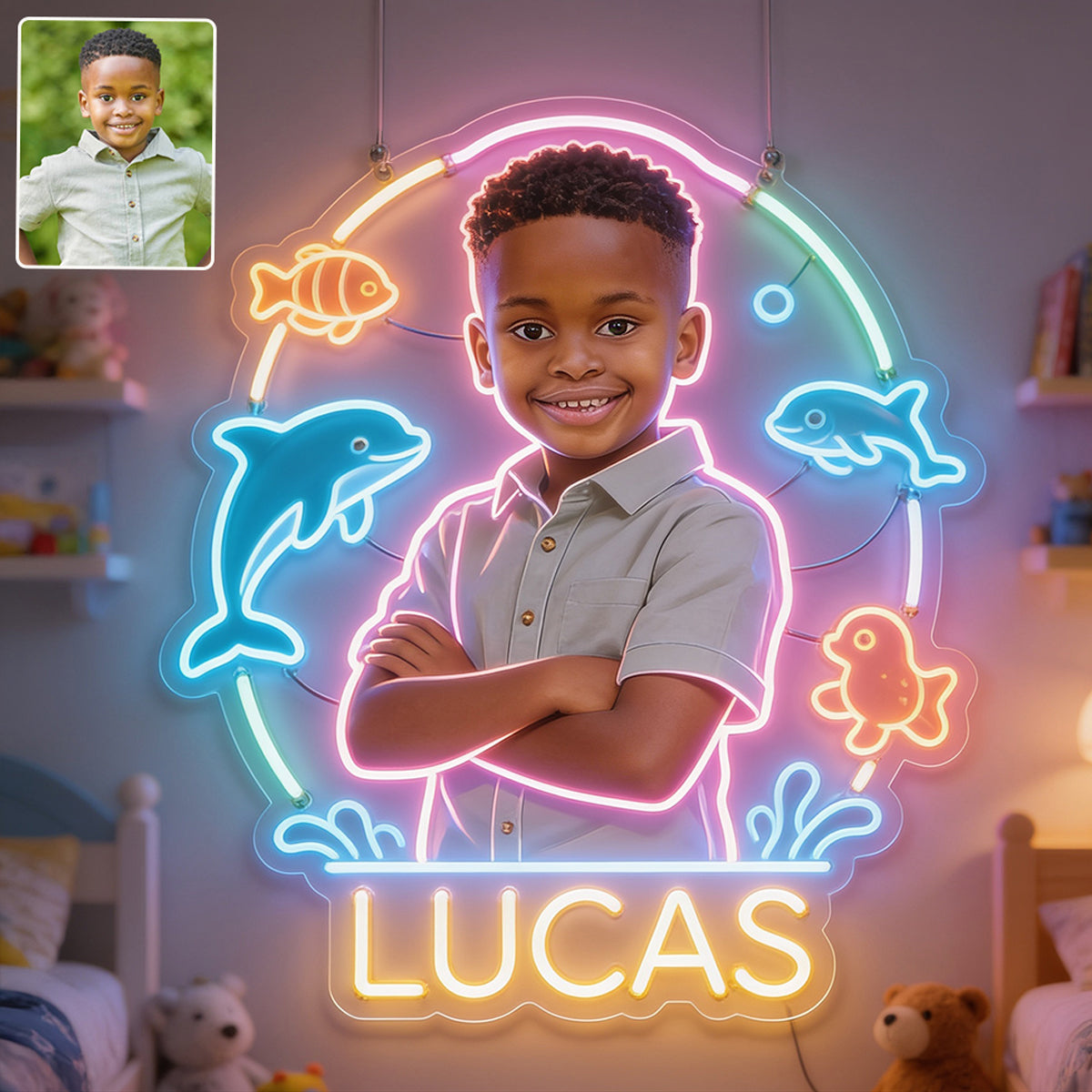 Any Photo Any Theme - Dinosaur, Astronaut, Construction,.... - Personalized Kid Neon LED Light Sign