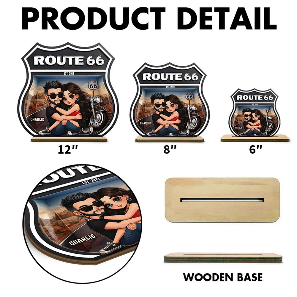 Personalized Route 66 Biker Couple 2-Layer Wooden Plaque for Motorcycle Lovers, Unique Romantic Gift for Couple