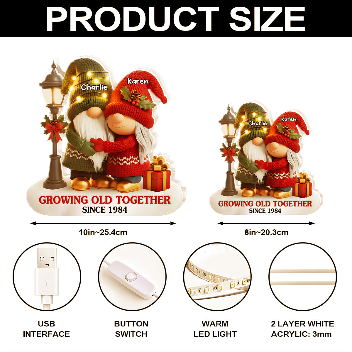 Custom Acrylic Light Box with Hugging Holiday Gnomes, Warm Glow Bedroom Lamp and Keepsake Gift for Partner