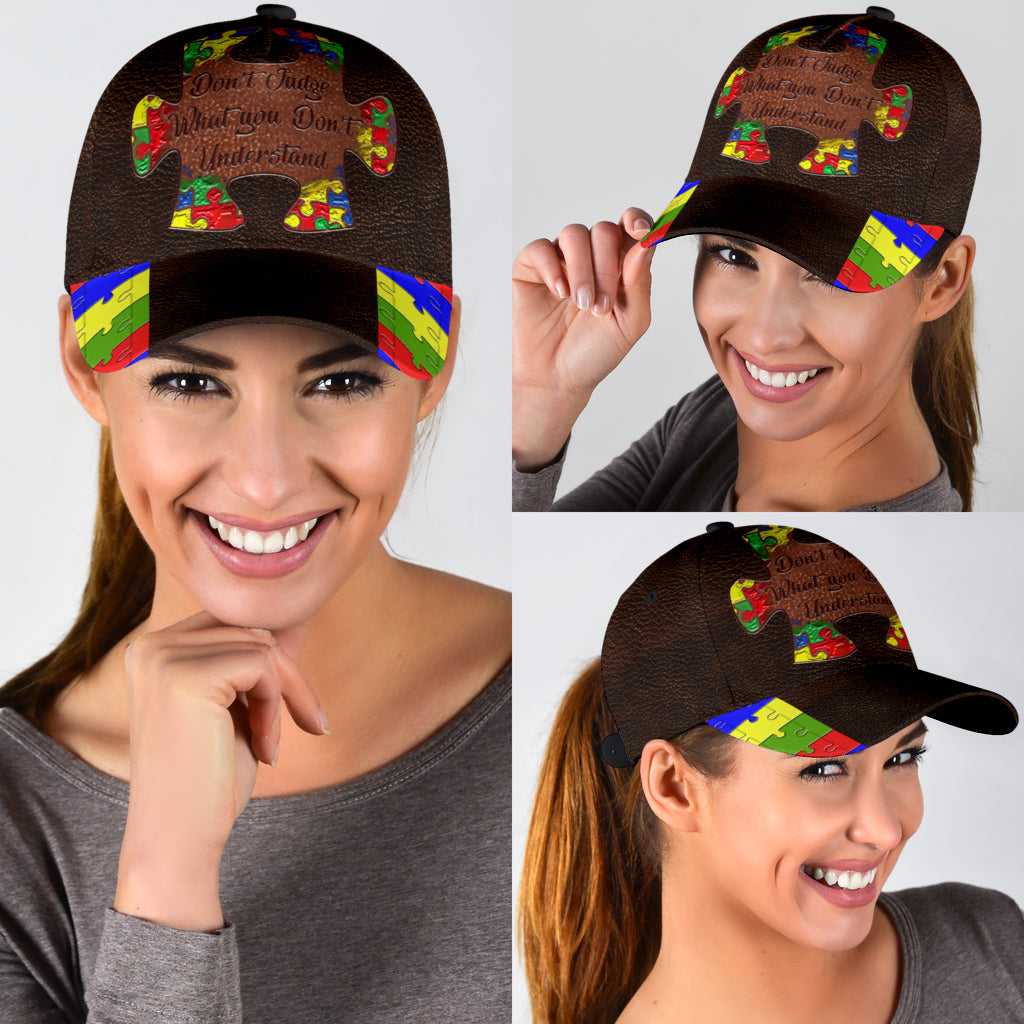 Don't Judge Leather Pattern Print Autism Awareness Classic Cap 0622
