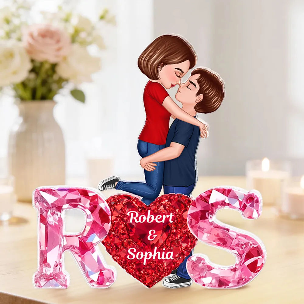 Personalized Shaped Acrylic Block Plaque With Couple Kissing Above Heart Initials, Unique Romantic Gift for Her or Him
