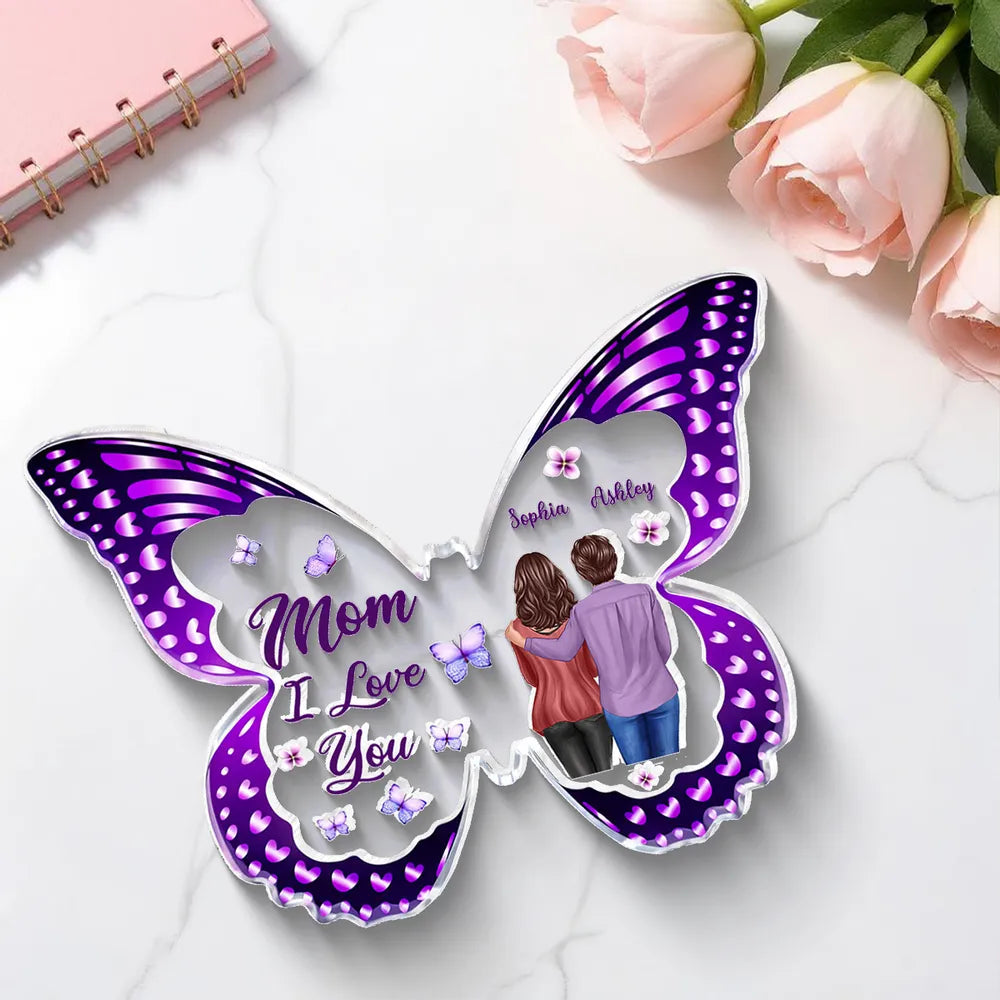Personalized Butterfly Shaped Acrylic Block Plaque, Mom I Love You Gift, Hugging Mom & Daughter Keepsake for Shelf Decor