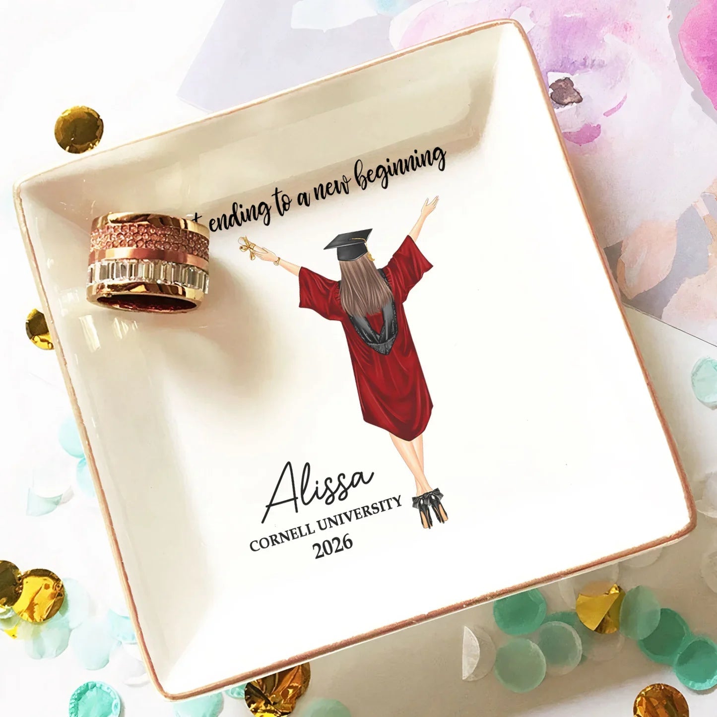 Personalized Graduation Jewelry Dish with 'A sweet ending to a new beginning' Quote, Unique Keepsake Gift for Her