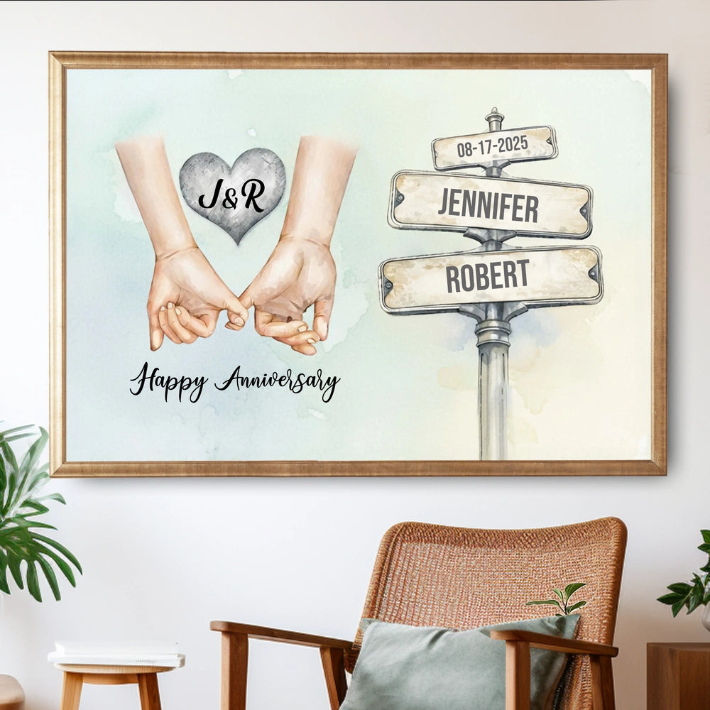 Personalized Anniversary Poster with Holding Hands Illustration, Custom Couple Wall Art, Unique Romantic Gift