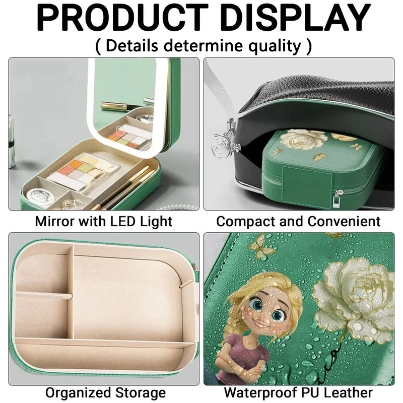 Leather LED Makeup Case - Cute Sitting Cartoon Girl Design, Travel-Ready Mirror, a Unique Gift for Daughter or Best Friend
