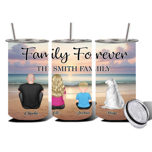 Family Forever Beach Design - Personalized Straight-Sided Cup, Wallet Card, Blanket, Cotton Tote Bag, Wooden Carhanger, LED Plaque, Keychain and Poster, Unique Gift