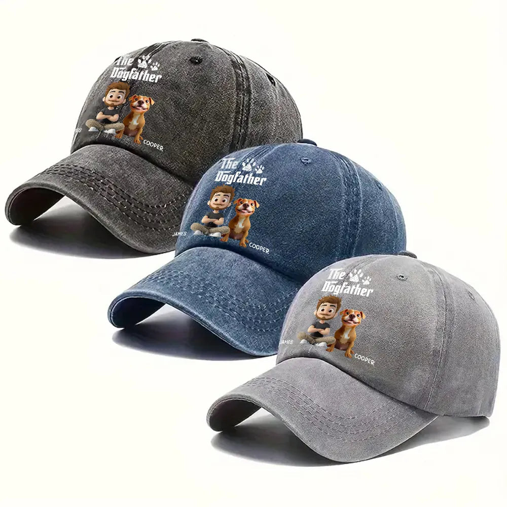 The Dogfather Baseball Cap – washed denim with fun dog dad graphic, casual adjustable fit, perfect gift for dog lovers