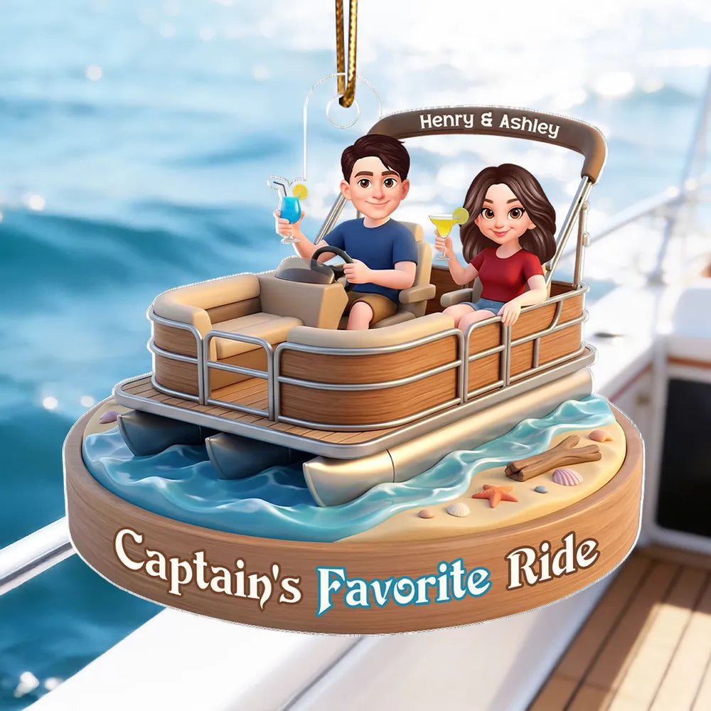 Acrylic Car Hanger Personalized Captain's Favorite Ride with Smiling Boat Couple, Cute Car Mirror Decor Gift for Couples