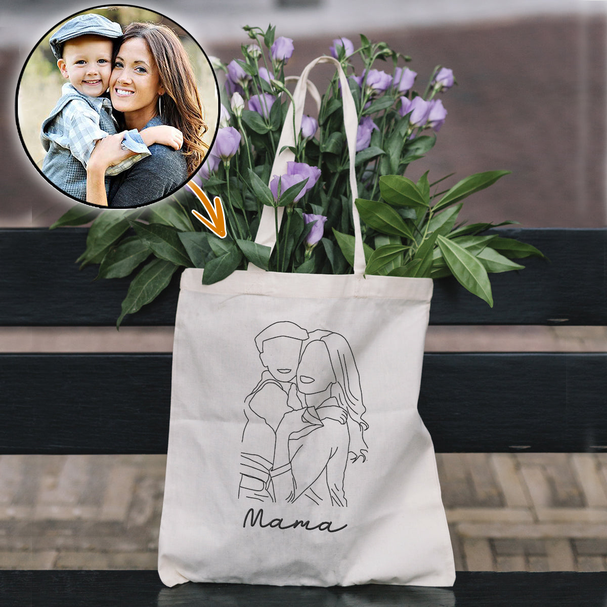 Custom Photo Line Art - Personalized Step Mom Embroidered Tote Bag