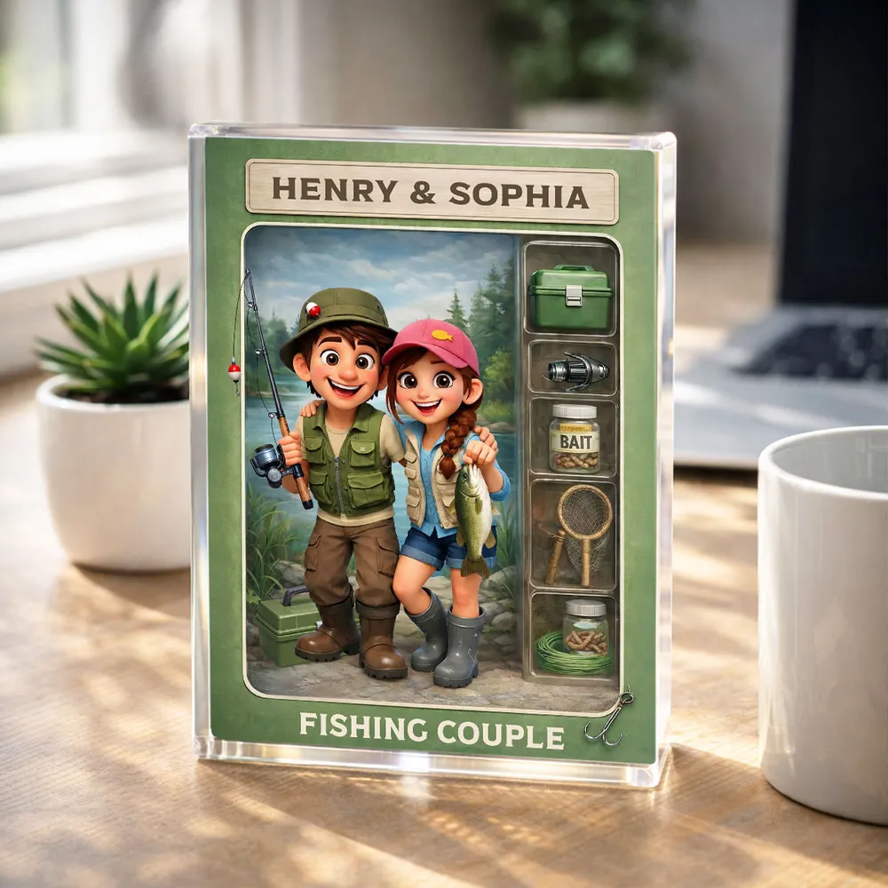 Personalized Rectangle Acrylic Block Plaque Fishing Couple Cartoon Keepsake for Lake-Loving Partners, Unique Creative Gift