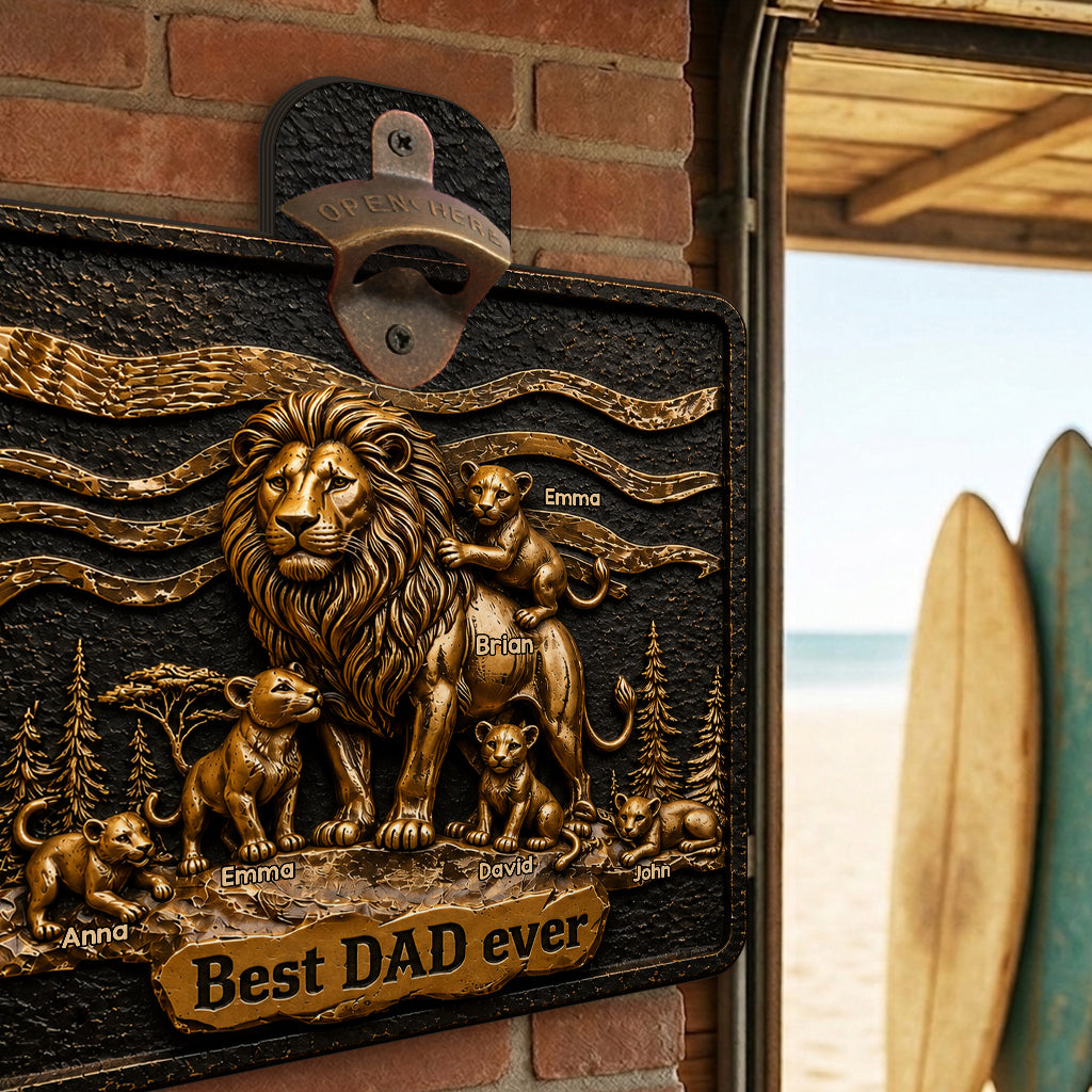 Lion Dad And Kids - Personalized Father Wall Bottle Opener