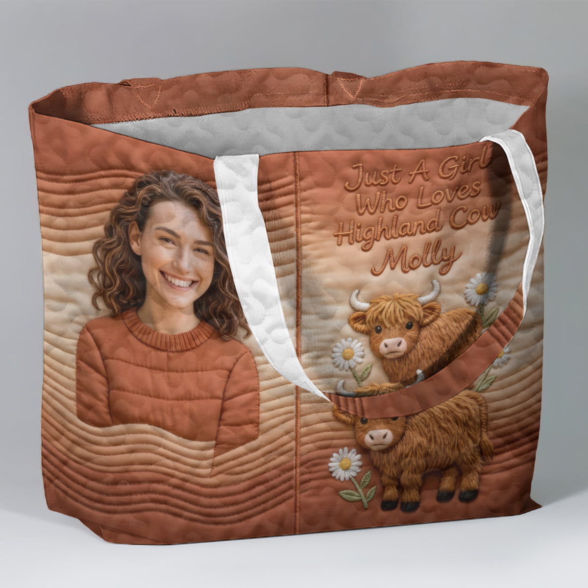 Custom Any Photo Highland Cow Lovers - Personalized Highland Cow Quilted Tote Bag
