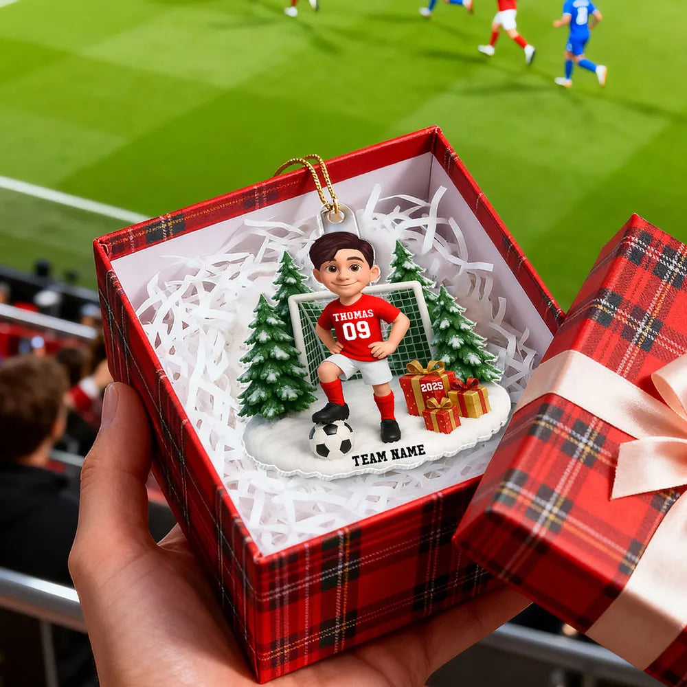 Kids Soccer Goal Ornament with Snowy Ball & Net Scene | Holiday Gift