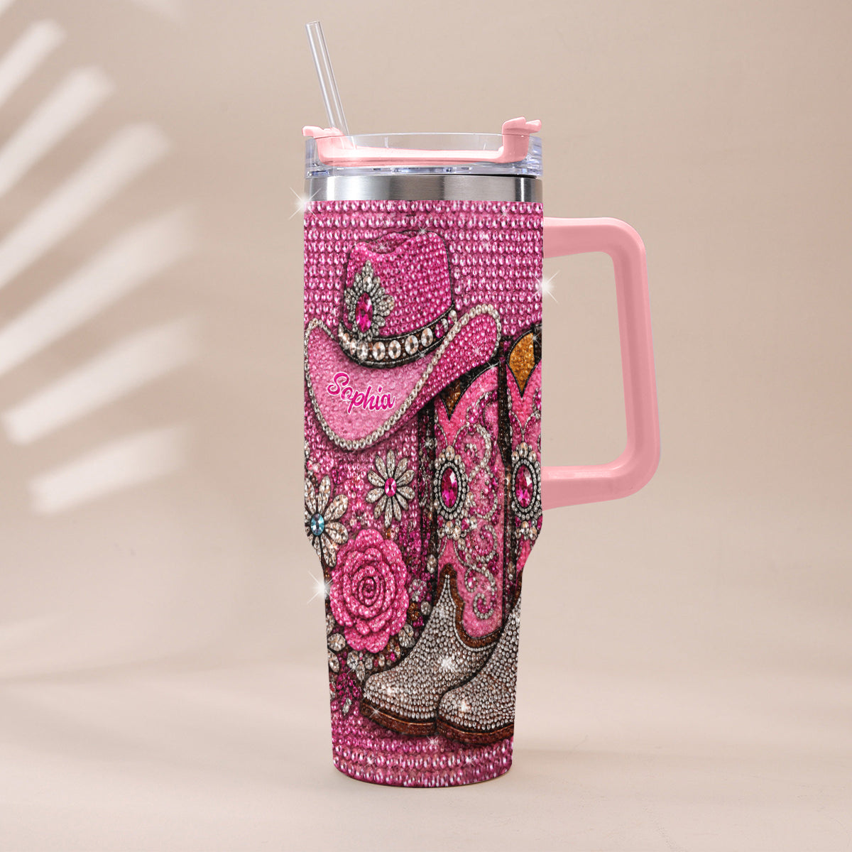 Cowgirl Boots - Personalized Cowgirl Rhinestone Tumbler With Plush Charm
