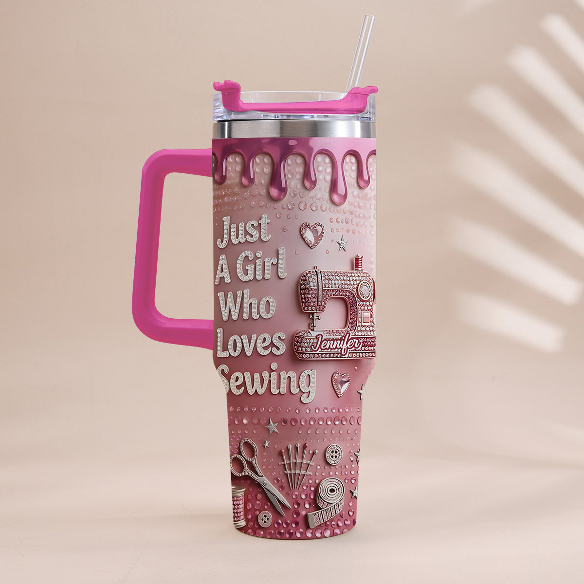 Just A Girl Who Loves Sewing - Personalized Sewing Tumbler With Handle