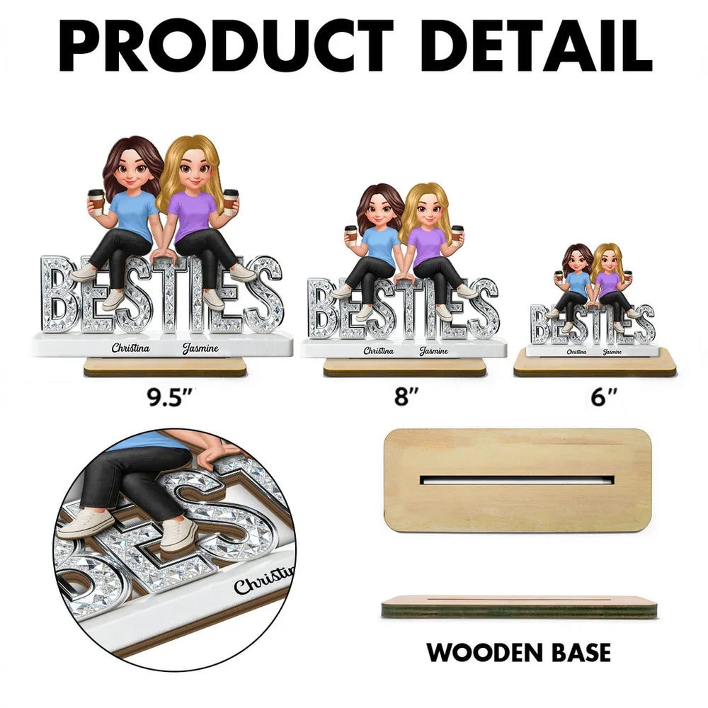 Personalized Besties 2-Layer Wooden Plaque, Cute Cartoon Best Friends Holding Coffee, Unique Gift for Best Friend