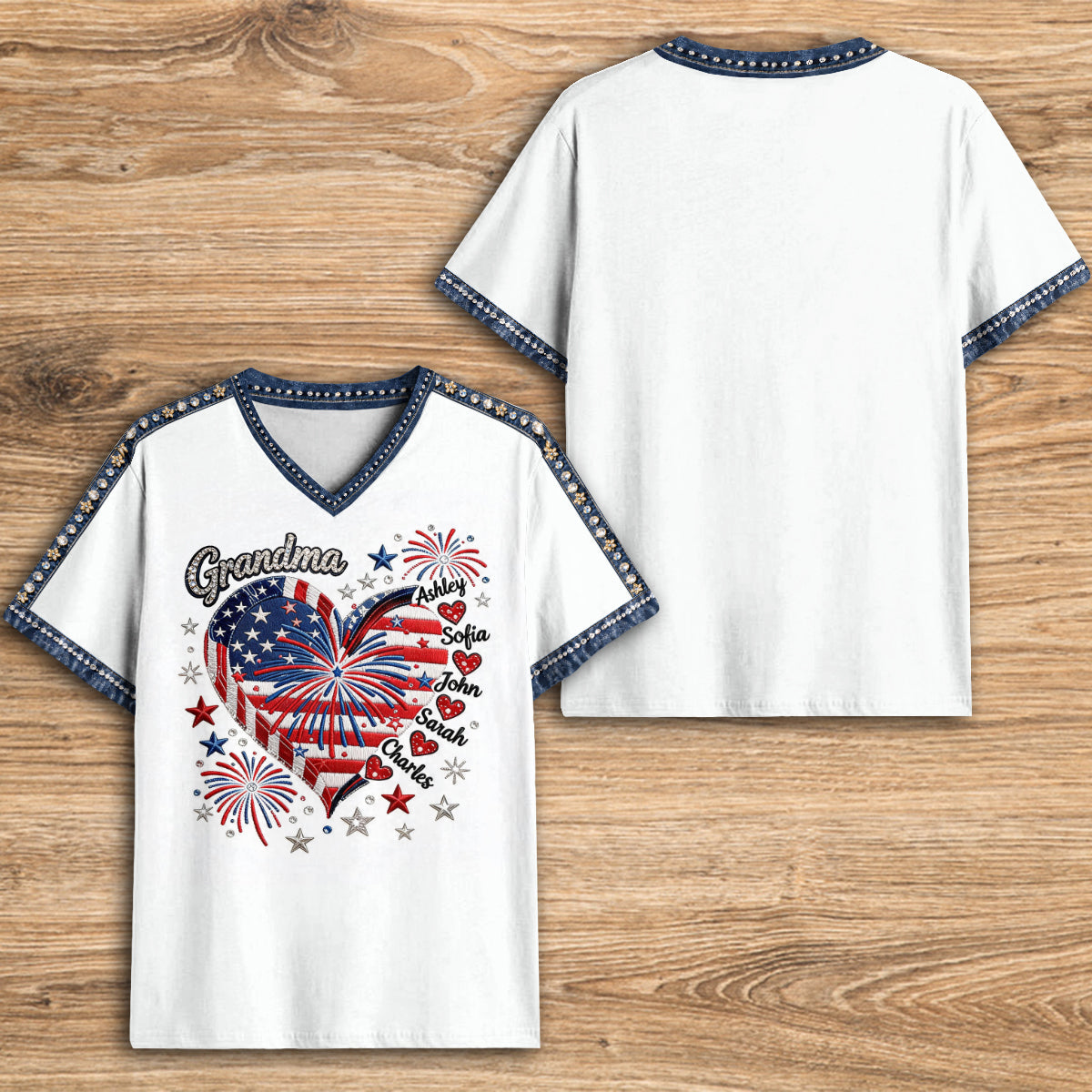 July 4th Grandma Sweethearts Shirt - Personalized Grandma Fully Printed V-Neck T-Shirt