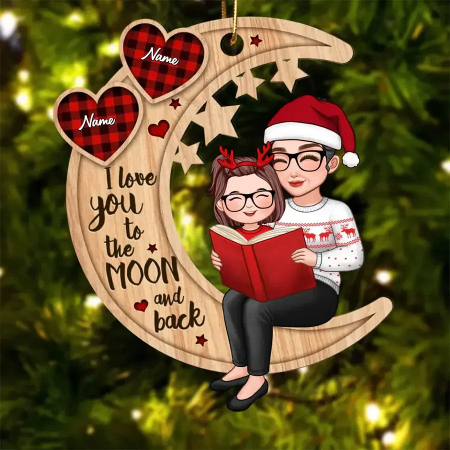 Wooden Ornament Grandma & Grandkid on Crescent Moon, I Love You to the Moon & Back - Xmas Decor, unique gift for Grandkids