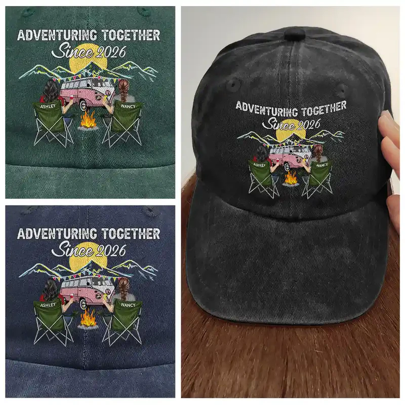 Personalized Washed Denim Baseball Cap Camping Partners For Life Outdoor Wear Vintage Look Unique Gift for Couple