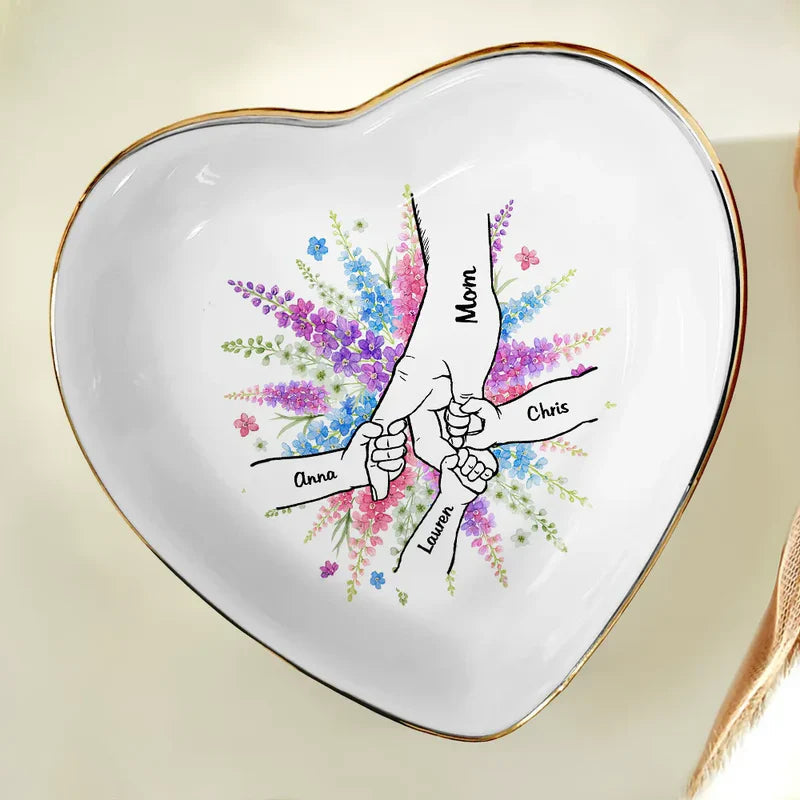 Personalized Jewelry Dish with Hand In Hand Floral Design, Sweet Vanity Decor, Unique Gift for Mom or Grandma