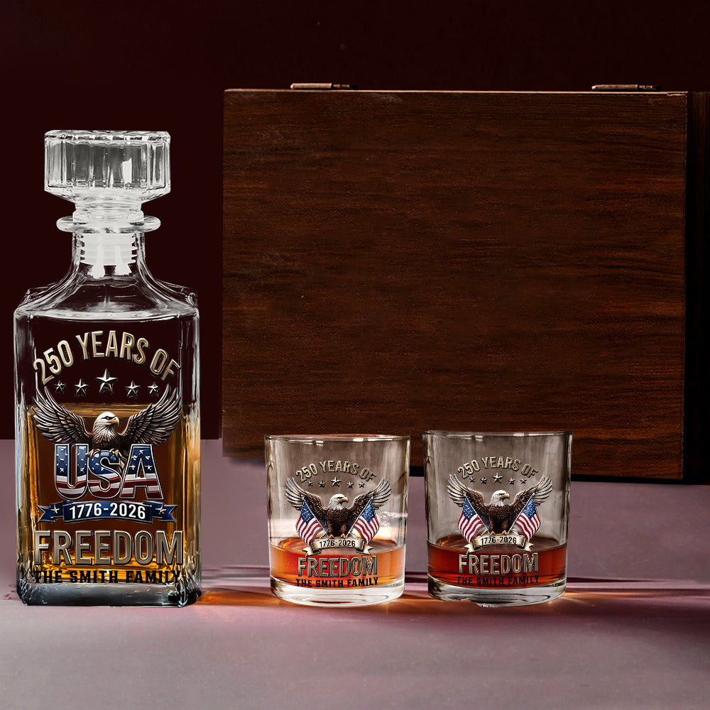 America 250th Anniversary Gifts For Family - Personalized Independence Day/ 4th of July Whiskey Decanter Set