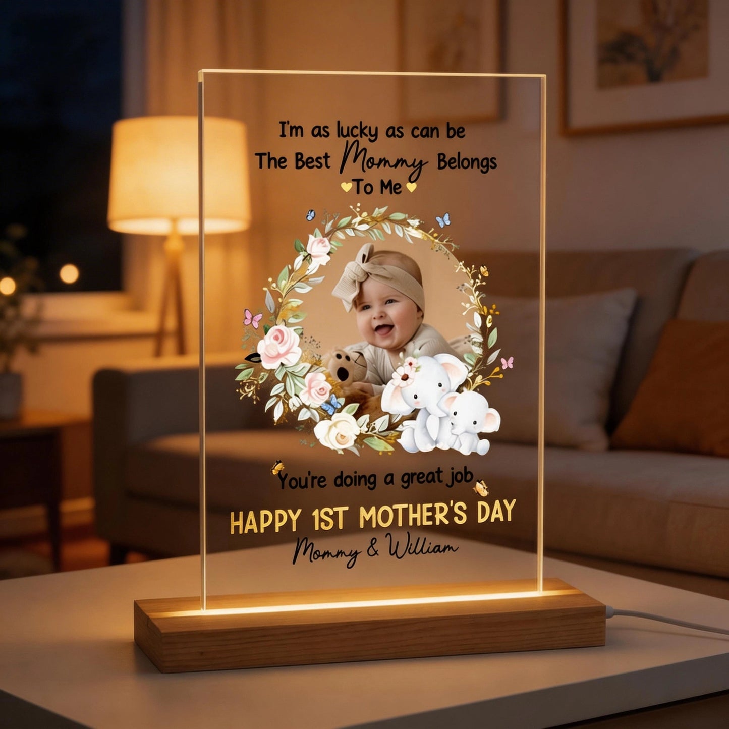 Personalized LED Light Plaque with Baby Photo and Sweet Elephant Floral Wreath, Mother's Day Gift for Mom, Cozy Ambient Glow