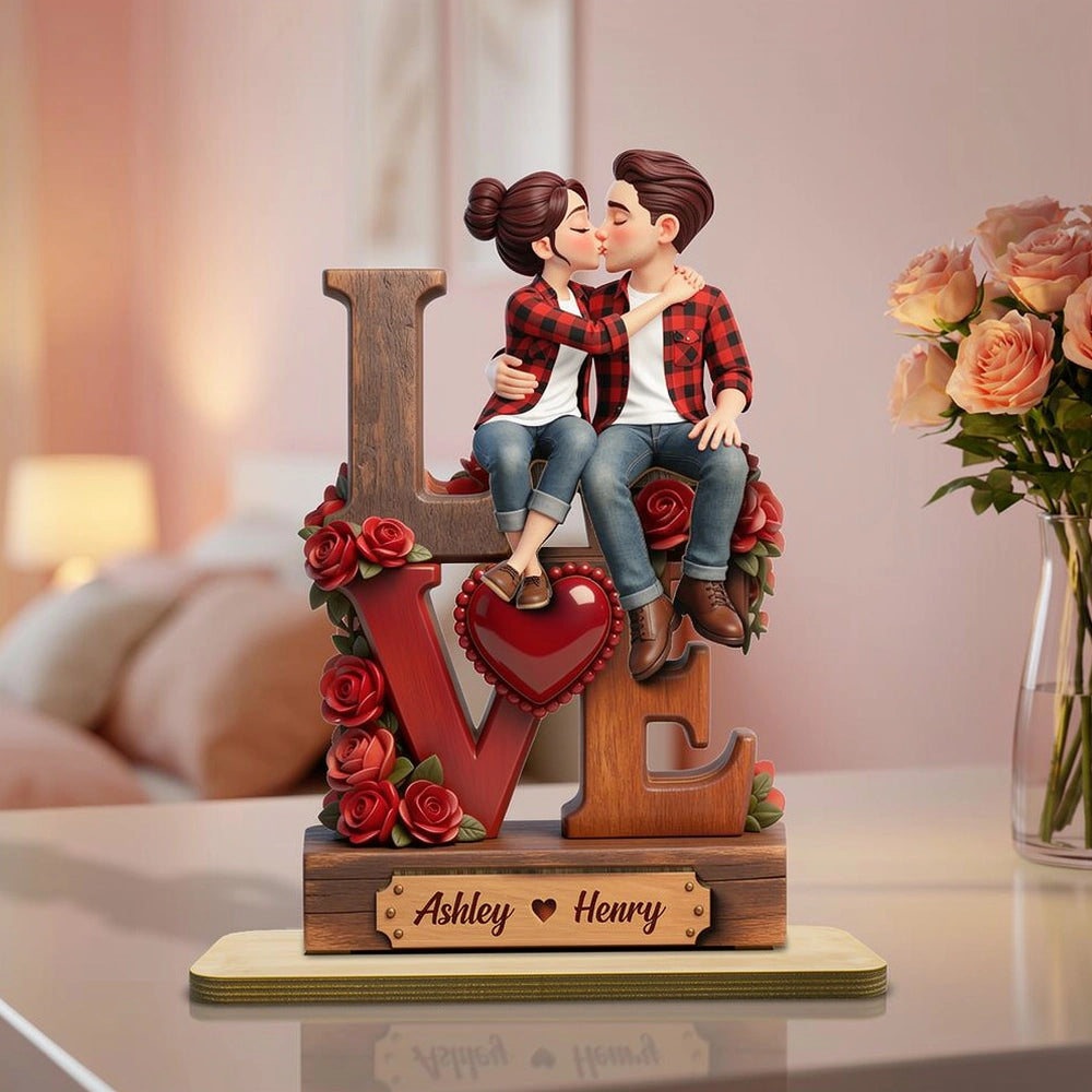 2-Layer Wooden Plaque with Kissing Couple on LOVE and Red Roses - Personalized Keepsake for Anniversary or Valentine's Gift