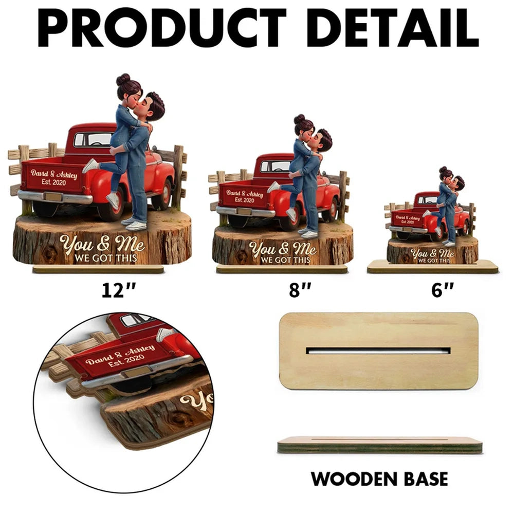 Personalized 2-Layer Wooden Plaque with Kissing Couple in Red Pickup Truck, Farmhouse Decor, Unique Gift for Couples