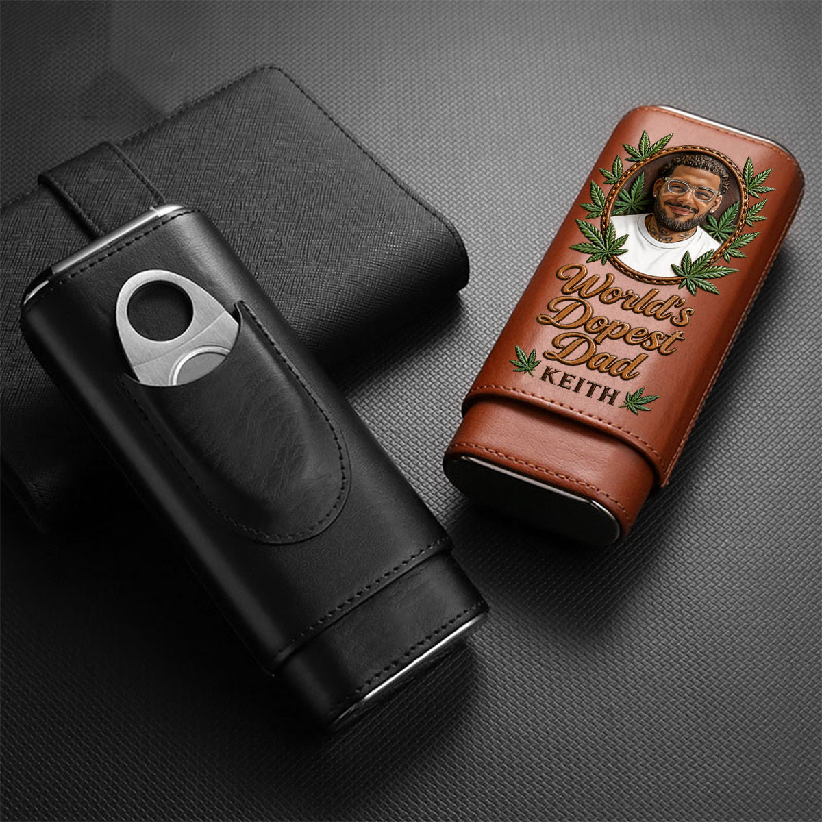 Cannabis Enthusiast, World's Dopest Dad - Personalized Weed Leather Pre-roll Humidor Case