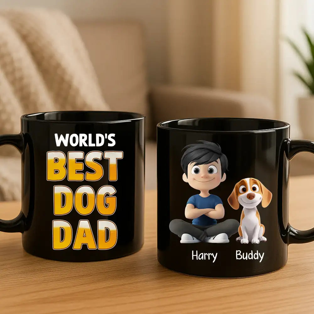World’s Best Dog Dad Mug – Personalized Ceramic Mug with Cartoon Dog and Owner for Dog Lovers
